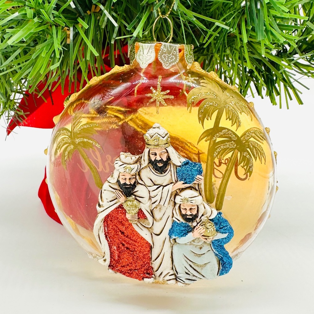 Macy's Holiday Lane 6" Three Kings Wisemen Oval Glass Christmas Ornament NWT